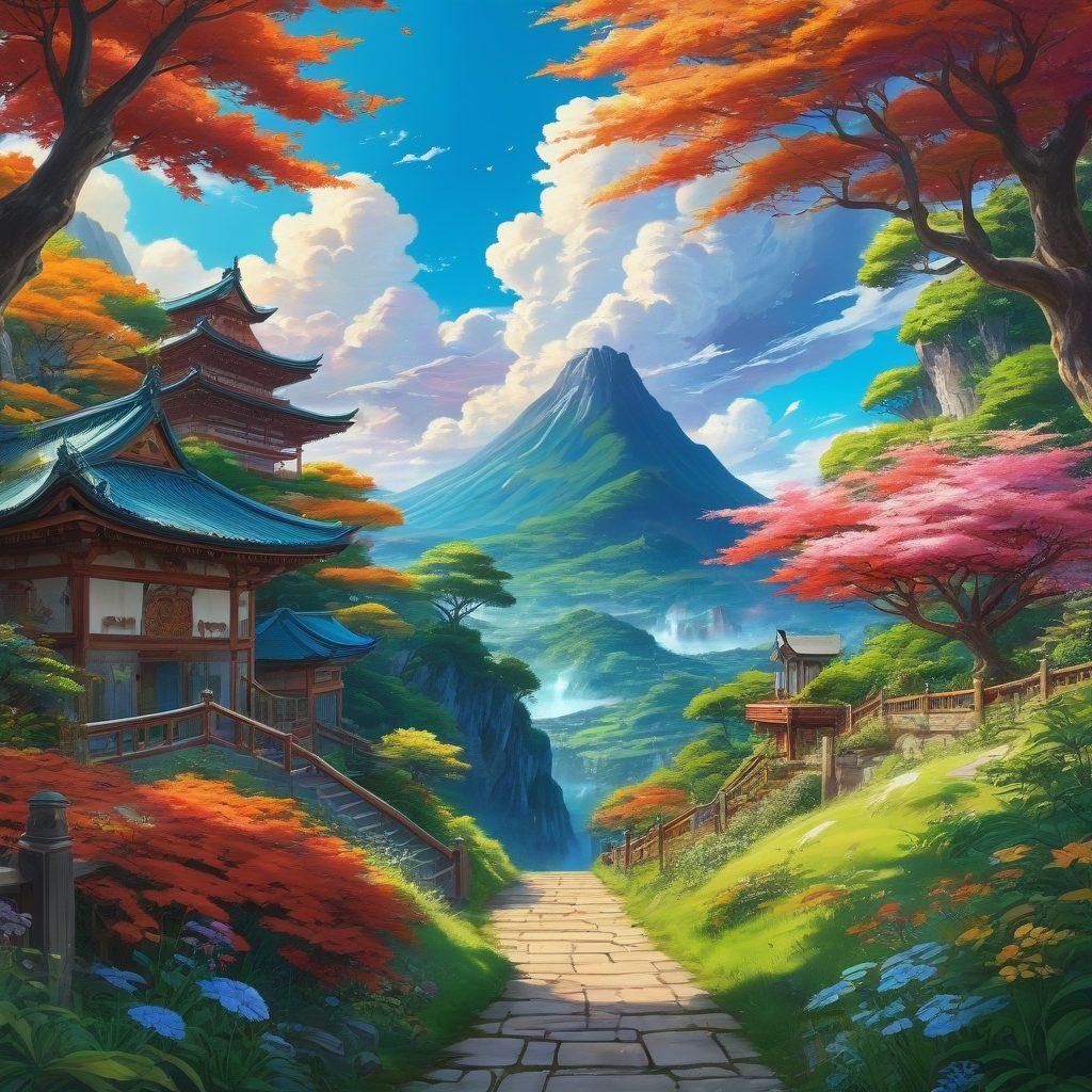 A captivating scene illustrating the diverse styles of adult anime, showcasing iconic characters in a lush, dreamlike setting. Incorporate rich colors and intricate details, highlighting the boundaries of this genre through contrasting elements like fantasy and reality. Include a quirky character holding a scroll labeled 'Boundaries' amidst swirling clouds of artistic creativity. vibrant colors. super-realistic.