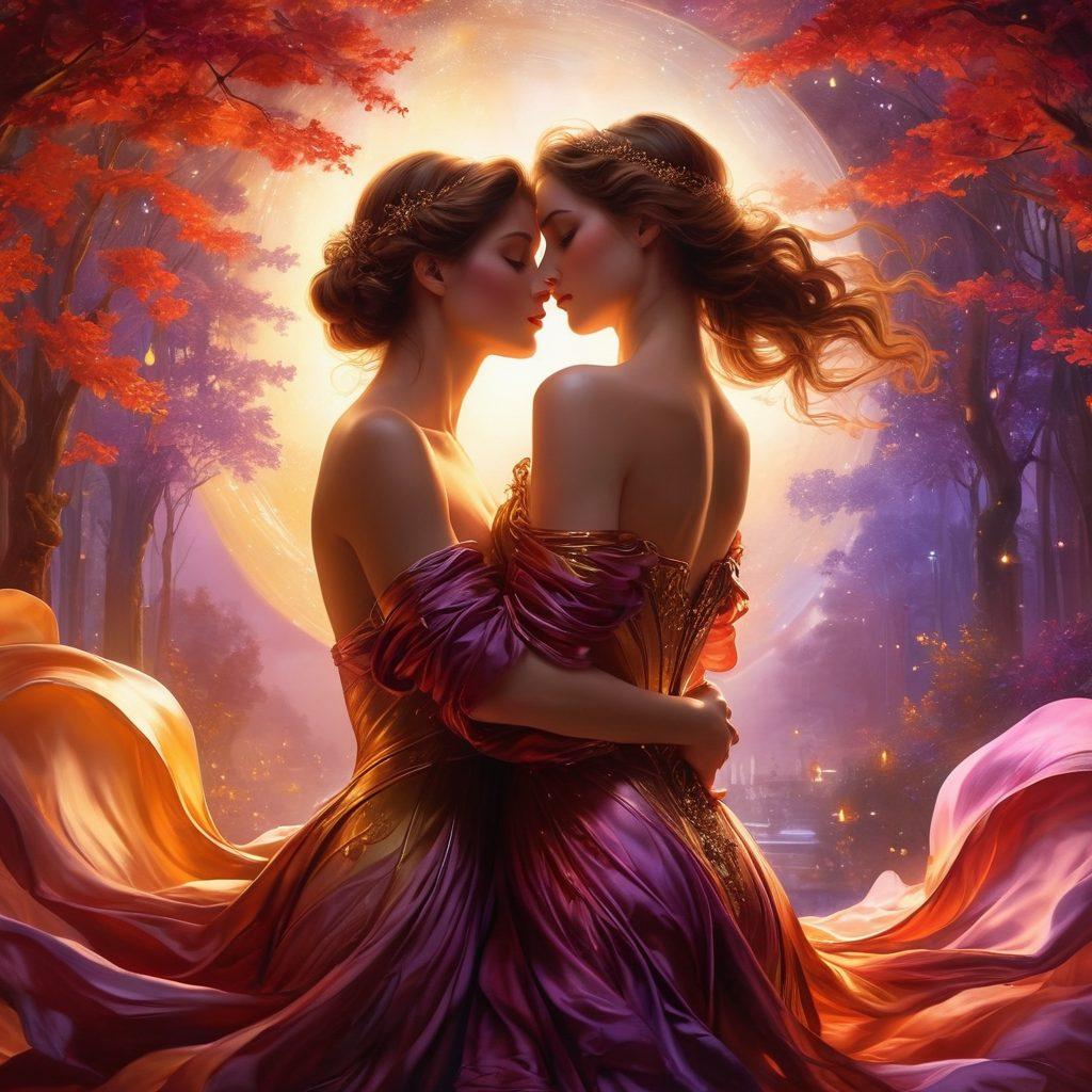 A lavish, dreamlike scene depicting a fusion of erotic art and animated fantasies, showcasing a vibrant spectrum of colors. Include abstract representations of sensual figures intertwined in an ethereal landscape, with hints of classical art styles merging into modern animations. Soft, flowing lines and glowing lights should highlight the passion and allure of the artworks. Use an enchanting color palette that evokes desire and creativity. super-realistic. vibrant colors. ethereal background.
